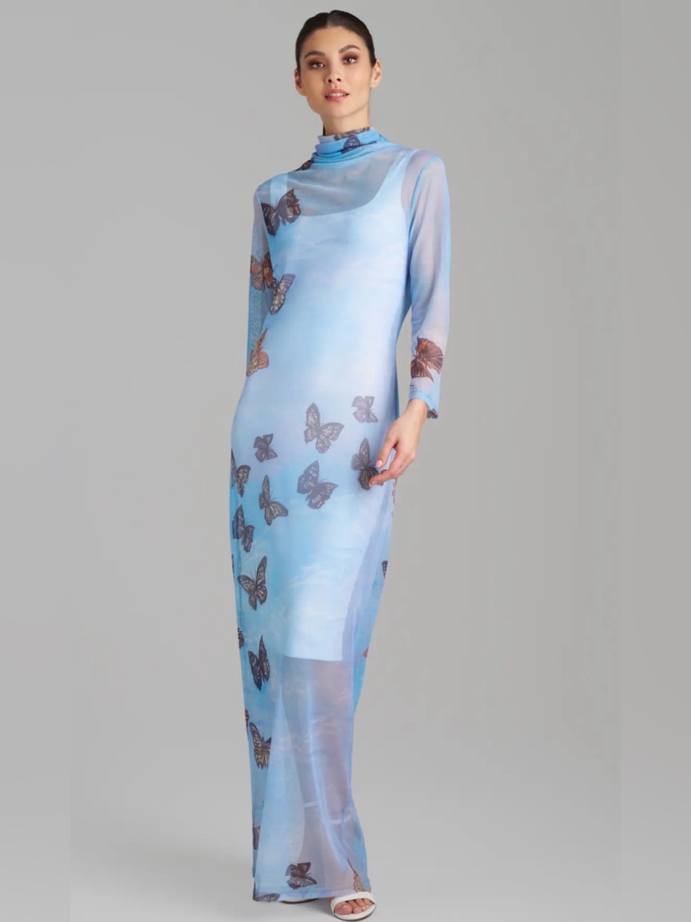 Ala Von Auersperg Light Blue Butterfly-Print Sheer Maxi Dress